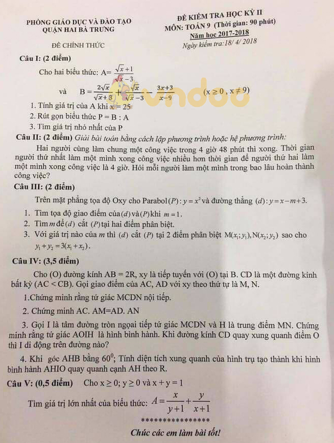 Đề kiểm tra học kì 2 lớp 9 môn Toán Phòng GD&ĐT Quận Hai Bà Trưng năm học 2017 - 2018