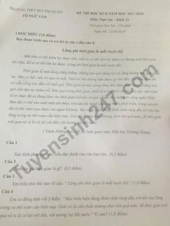 Đề thi học kì 2 môn Ngữ văn lớp 12 năm 2017 - 2018