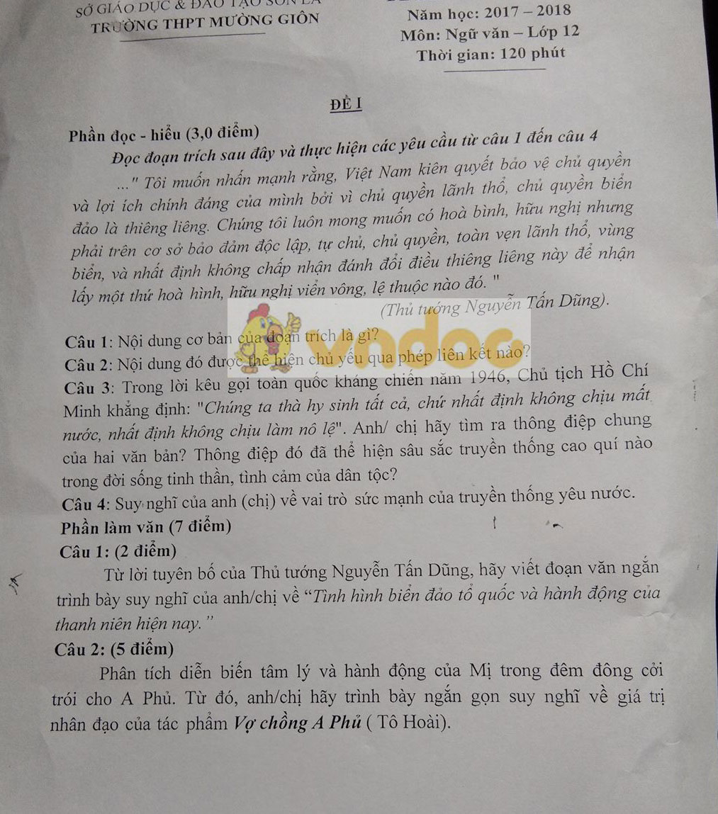 Đề thi học kì 2 môn Ngữ văn lớp 12 