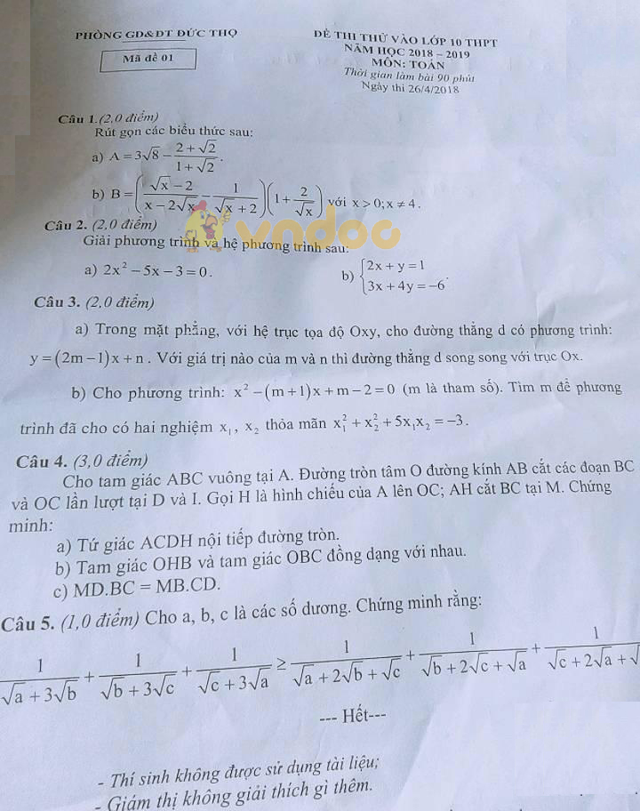 Đề thi thử vào lớp 10 môn Toán Phòng GD&ĐT Đức Thọ năm học 2018 - 2019 (đề 1)