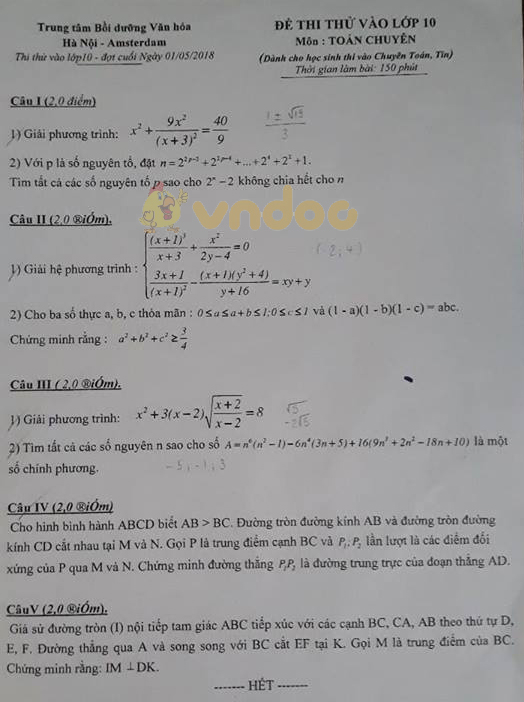 Đề thi thử vào lớp 10 môn Toán trường chuyên Amsterdam năm học 2018 - 2019 (đợt cuối)