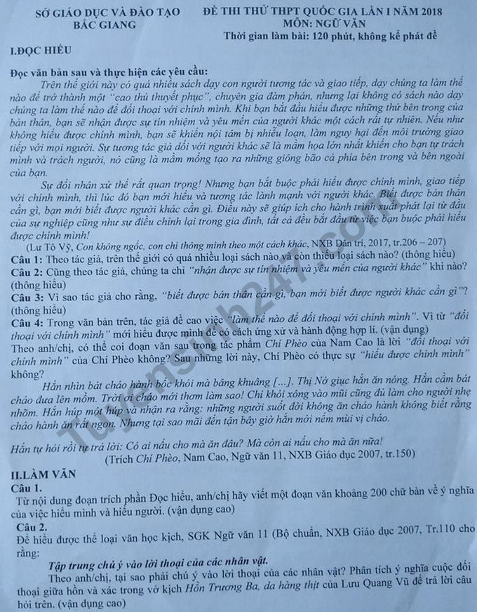 Đề thi thử THPT quốc gia môn Ngữ văn năm 2018