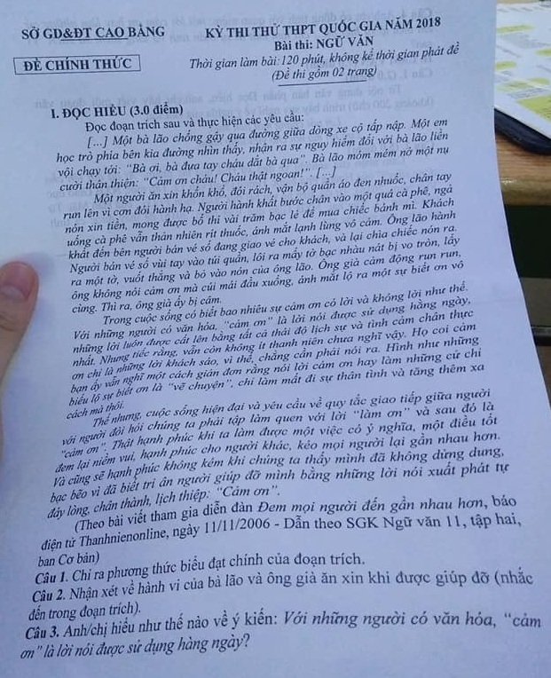 Đề thi thử THPT quốc gia môn Ngữ văn năm 2018