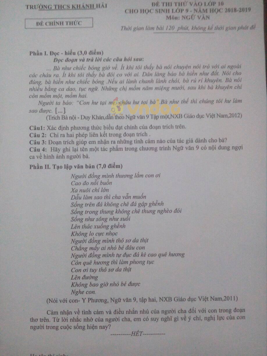 Đề thi thử vào lớp 10 môn Ngữ văn trường THCS Khánh Hải năm học 2018 - 2019