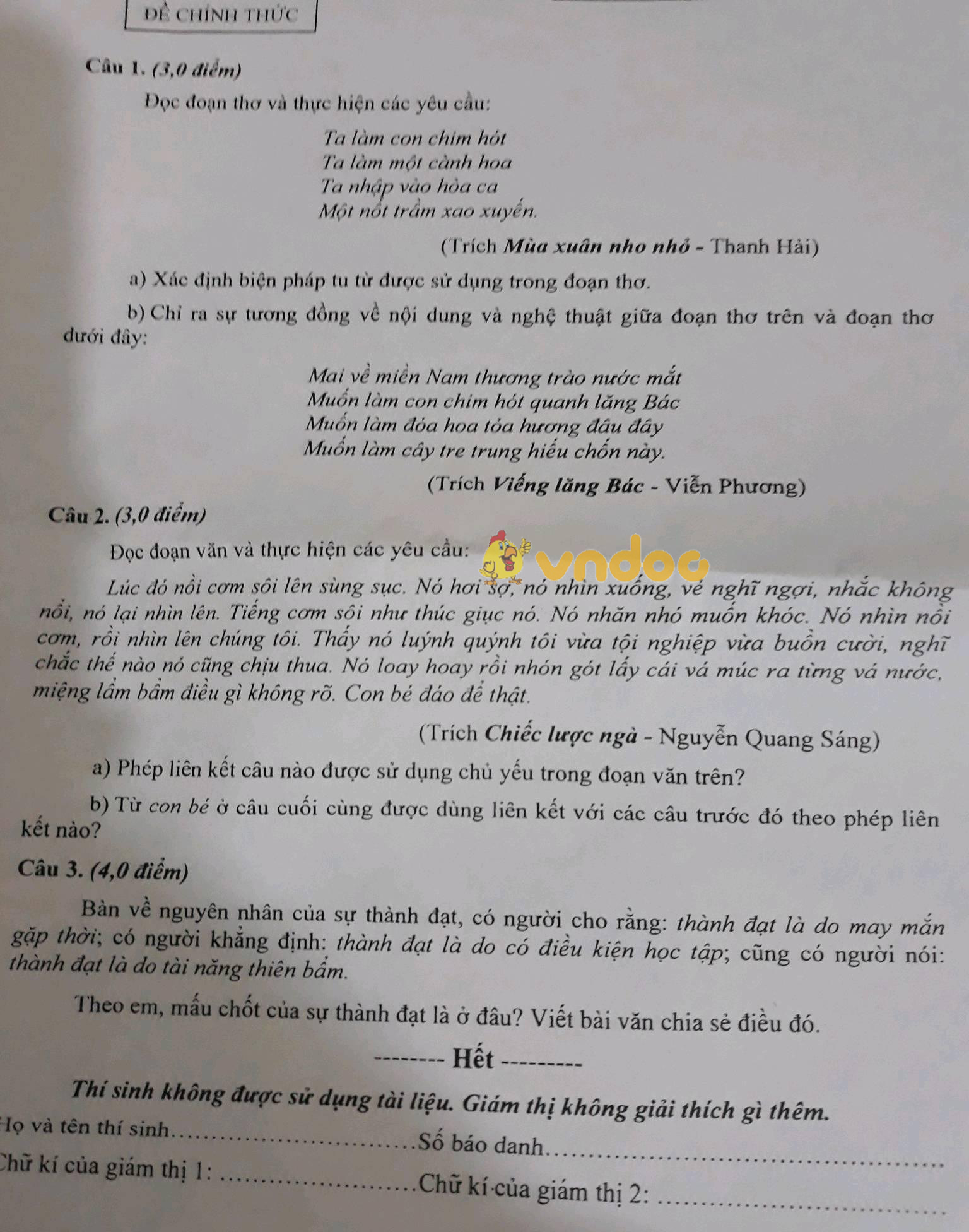 Đề kiểm tra học kì 2 lớp 9 môn Ngữ văn Sở GD&ĐT Phú Yên năm học 2017 - 2018