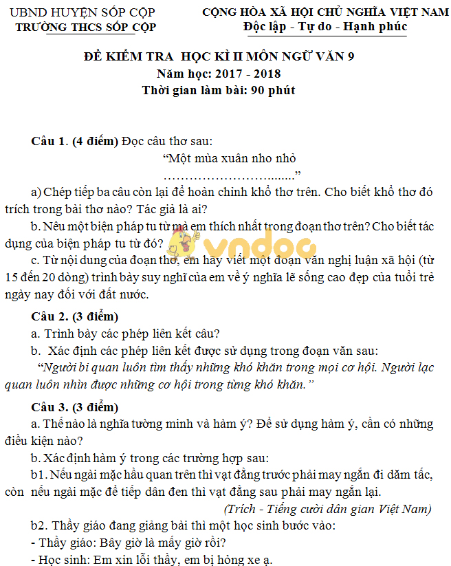 Đề kiểm tra học kì 2 lớp 9 môn Ngữ văn trường THCS Sốp Cộp năm học 2017 - 2018