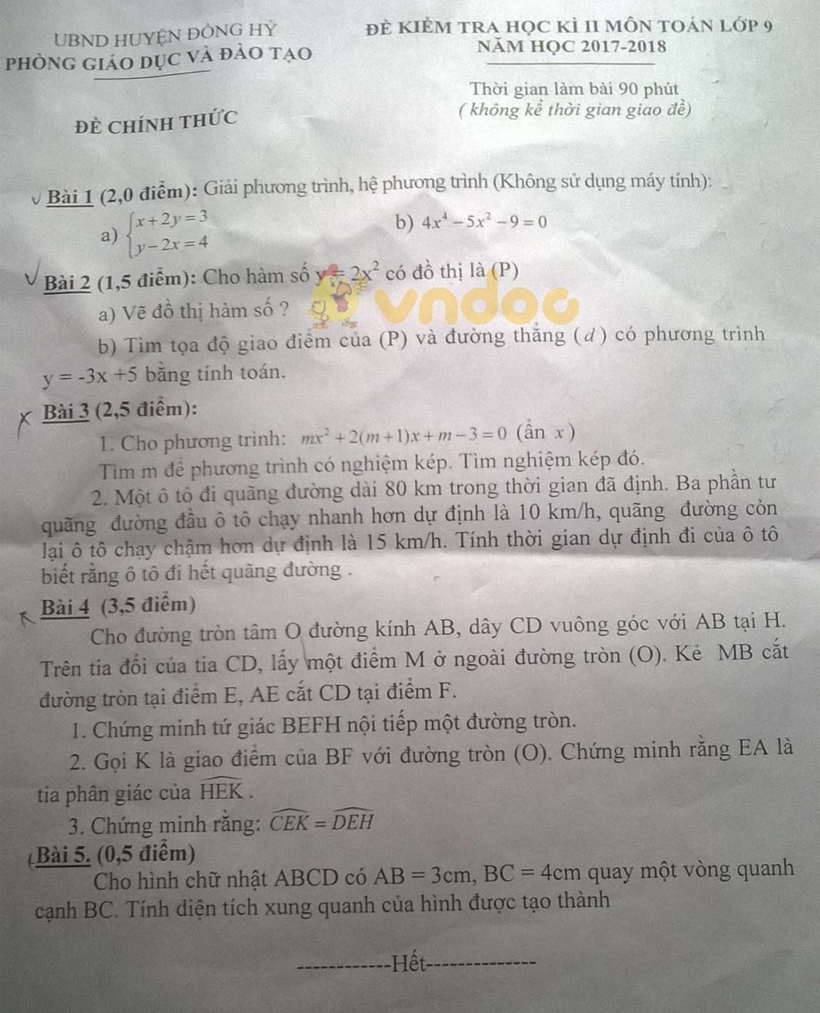 Đề kiểm tra học kì 2 lớp 9 môn Toán Phòng GD&ĐT huyện Đồng Hỷ năm học 2017 - 2018