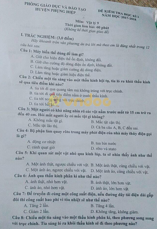 Đề kiểm tra học kì 2 lớp 9 môn Vật lý Phòng GD&ĐT huyện Phụng Hiệp năm học 2017 - 2018