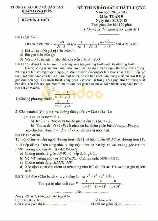 Đề thi KSCL học kì 2 lớp 9 môn Toán Phòng GD&ĐT Quận Long Biên năm học 2017 - 2018