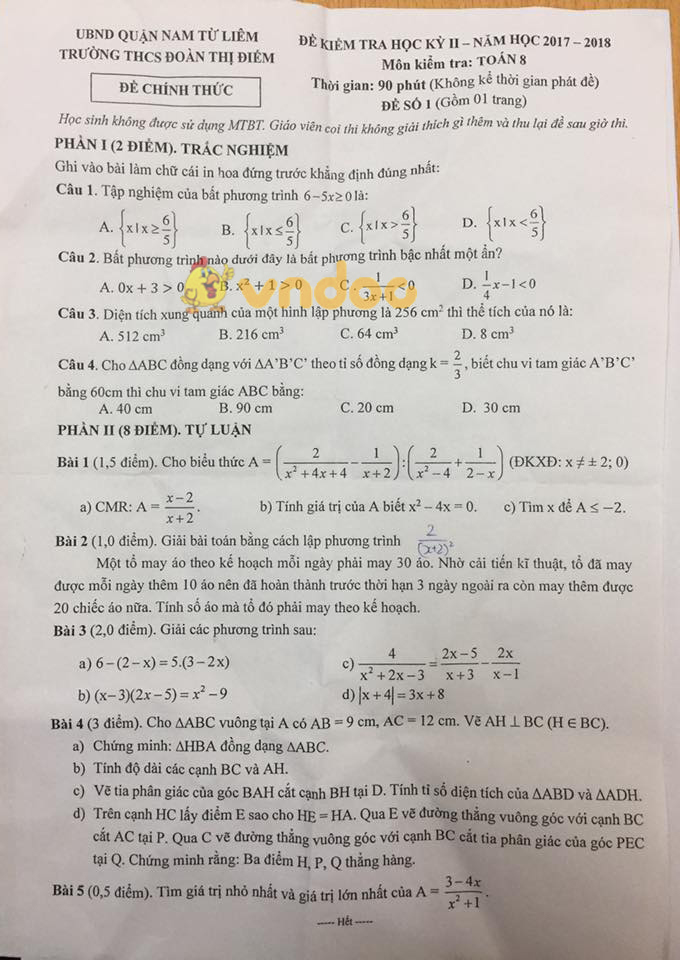 Đề kiểm tra học kì 2 lớp 8 môn Toán trường THCS Đoàn Thị Điểm, Nam Từ Liêm năm học 2017 - 2018