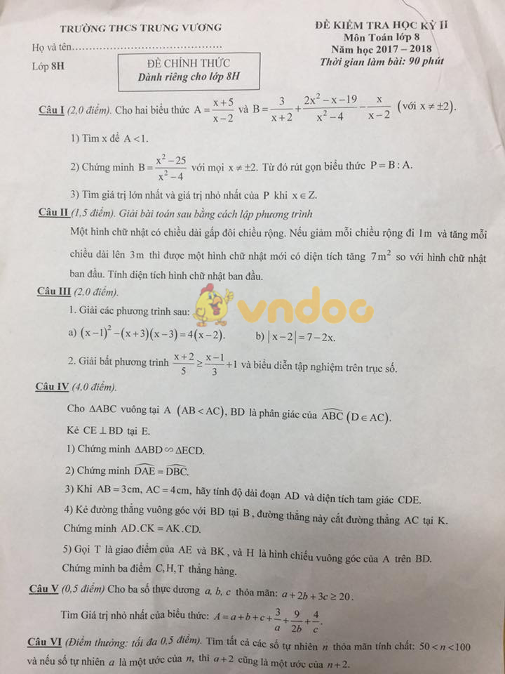 Đề kiểm tra học kì 2 lớp 8 môn Toán trường THCS Trưng Vương năm học 2017 - 2018
