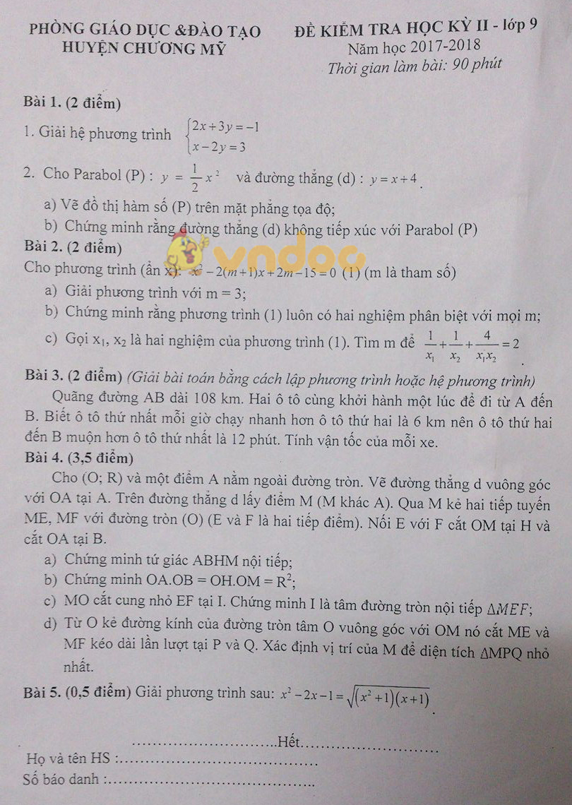 Đề kiểm tra học kì 2 lớp 9 môn Toán Phòng GD&ĐT huyện Chương Mỹ năm học 2017 - 2018