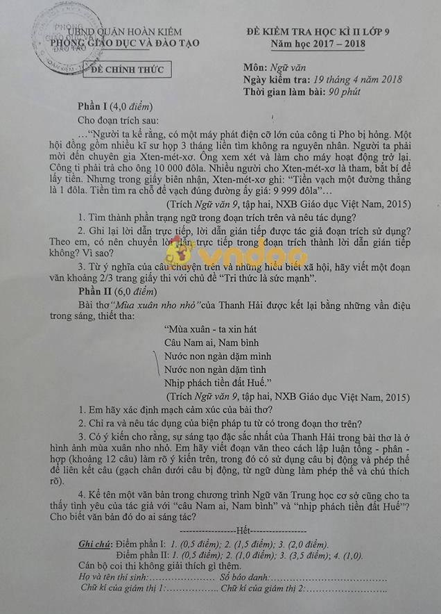 Đề thi học kì 2 lớp 9 môn Ngữ văn Phòng GD&ĐT Quận Hoàn Kiếm năm học 2017 - 2018