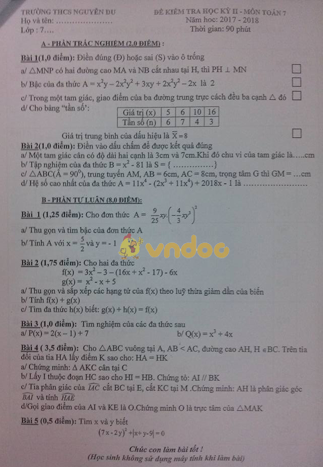 Đề kiểm tra học kì 2 lớp 7 môn Toán trường THCS Nguyễn Du năm học 2017 - 2018