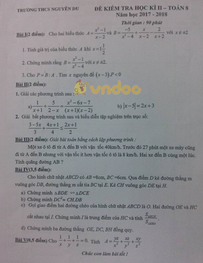 Đề kiểm tra học kì 2 lớp 8 môn Toán trường THCS Nguyễn Du năm học 2017 - 2018