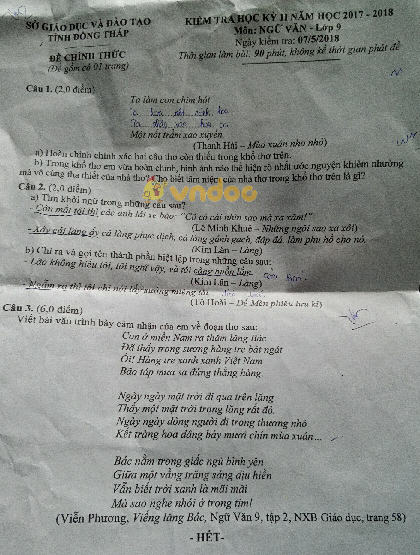 Đề kiểm tra học kì 2 lớp 9 môn Ngữ văn Sở GD&ĐT Tỉnh Đồng Tháp năm học 2017 - 2018