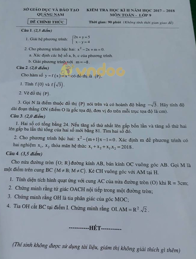 Đề kiểm tra học kì 2 lớp 9 môn Toán Sở GD&ĐT Quảng Nam năm học 2017 - 2018