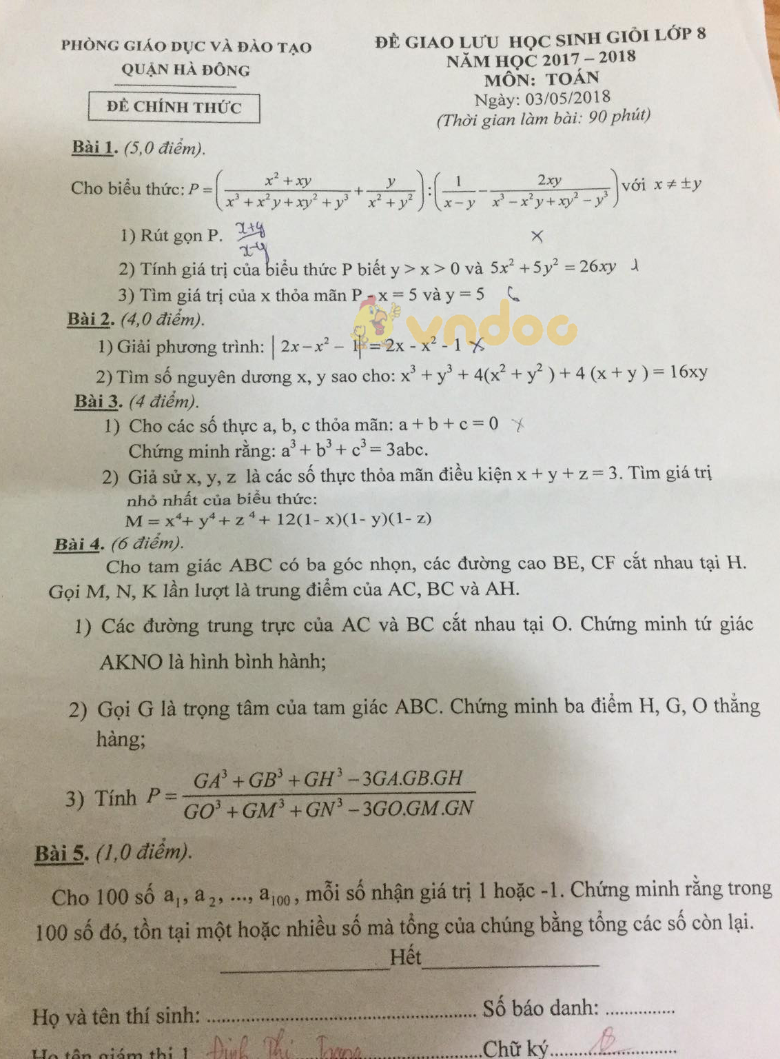Đề thi giao lưu học sinh giỏi lớp 8 môn Toán Phòng GD&ĐT Quận Hà Đông năm học 2017 - 2018