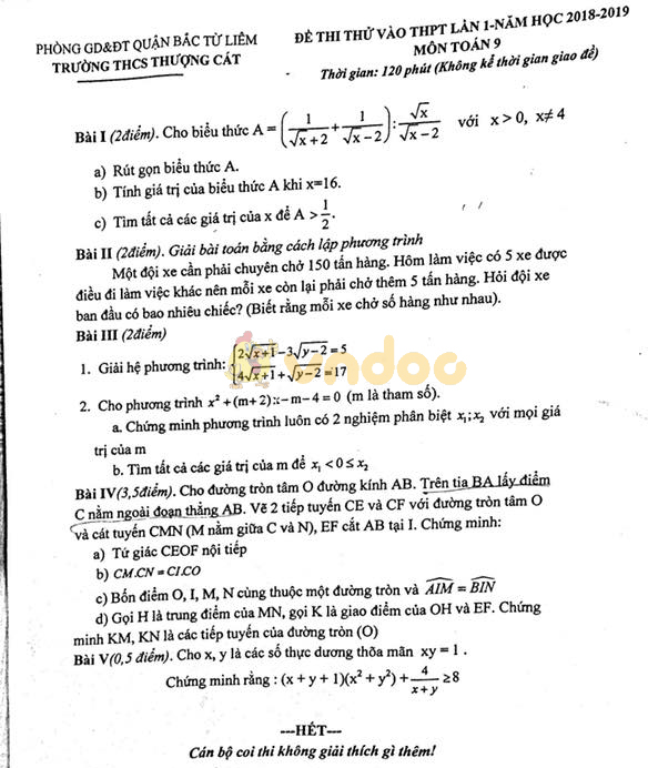 Đề thi thử vào lớp 10 môn Toán trường THCS Thượng Cát, Bắc Từ Liêm năm học 2018 - 2019 (lần 1)