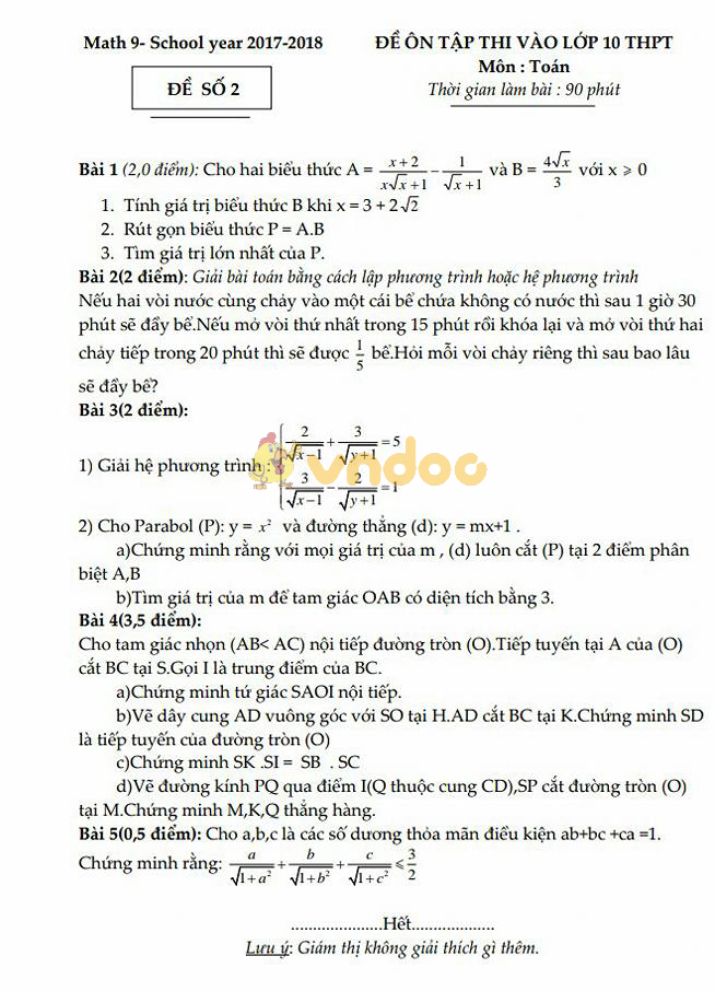 Đề cương ôn thi vào lớp 10 môn Toán năm học 2017 - 2018