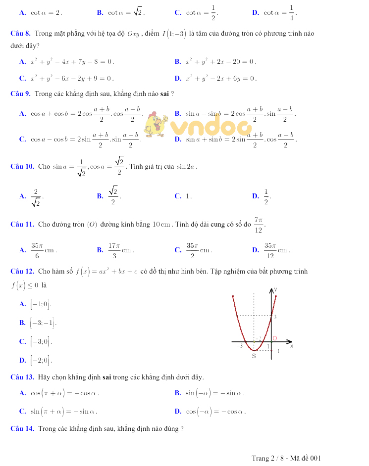 Đề kiểm tra học kì 2 lớp 10 môn Toán trường THPT Trấn Biên năm học 2017 - 2018