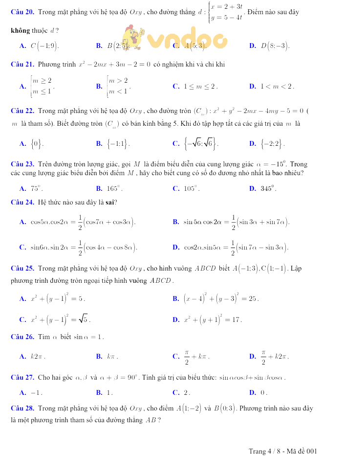 Đề kiểm tra học kì 2 lớp 10 môn Toán trường THPT Trấn Biên năm học 2017 - 2018