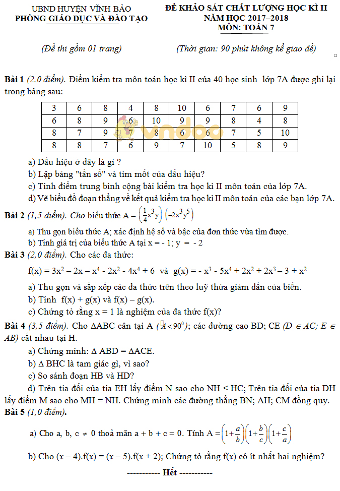 Đề KSCL học kì 2 lớp 7 môn Toán Phòng GD&ĐT huyện Vĩnh Bảo năm học 2017 - 2018