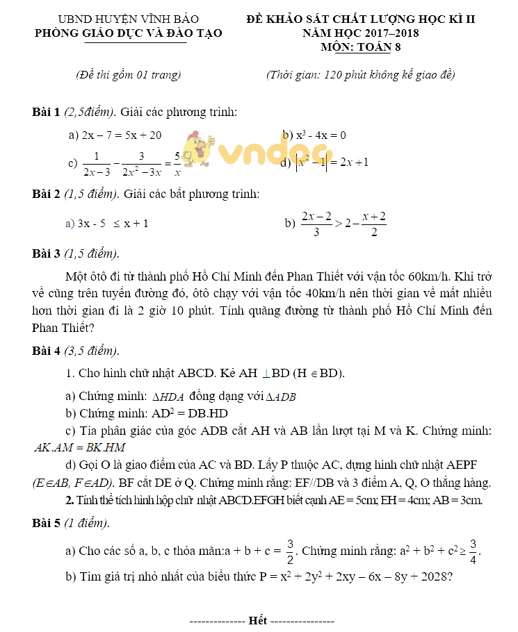 Đề KSCL học kì 2 lớp 8 môn Toán Phòng GD&ĐT huyện Vĩnh Bảo năm học 2017 - 2018