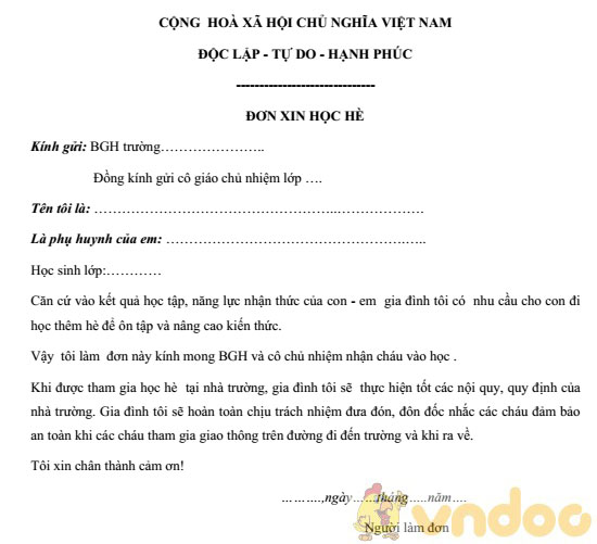 Đơn xin học hè tiểu học