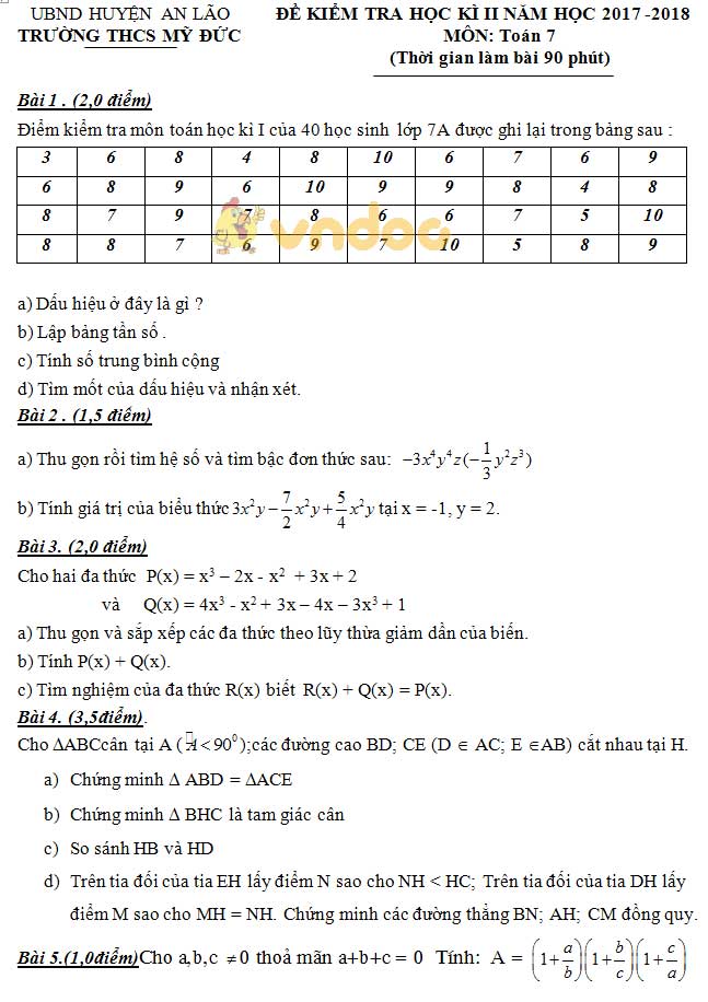 Đề kiểm tra học kì 2 lớp 7 môn Toán trường THCS Mỹ Đức, An Lão năm học 2017 - 2018