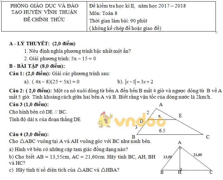 Đề kiểm tra học kì 2 lớp 8 môn Toán Phòng GD&ĐT huyện Vĩnh Thuận năm học 2017 - 2018