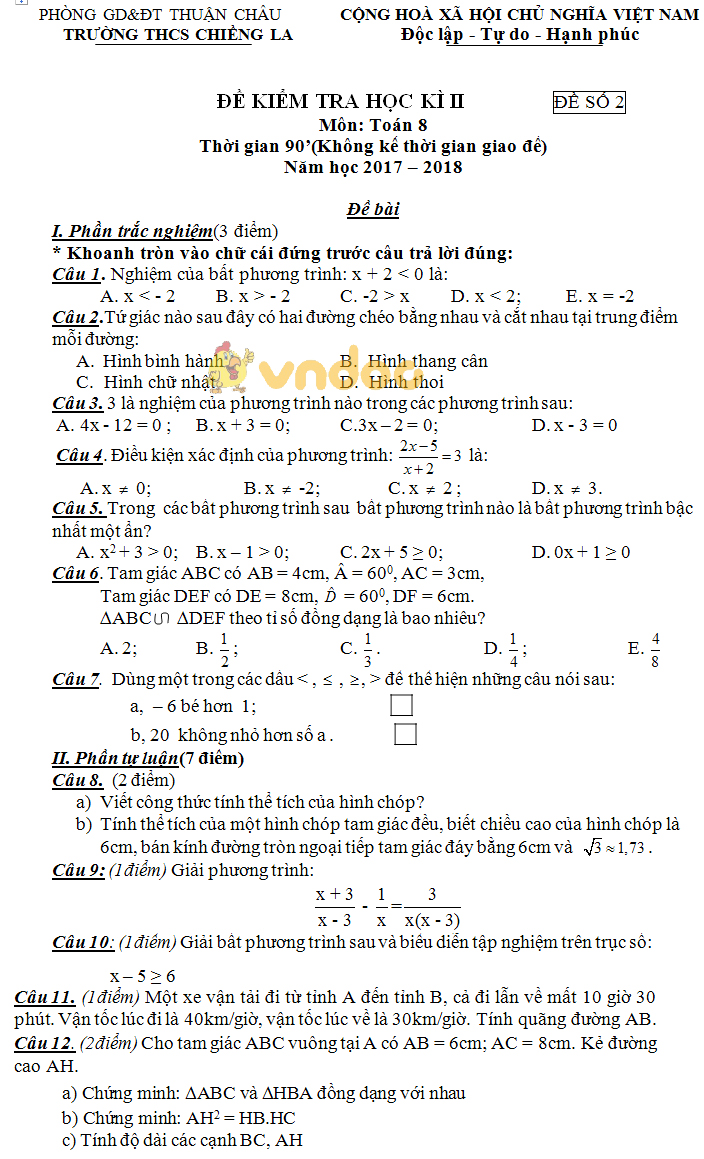 Đề kiểm tra học kì 2 lớp 8 môn Toán trường THCS Chiềng La, Thuận Châu năm học 2017 - 2018 (đề số 2)