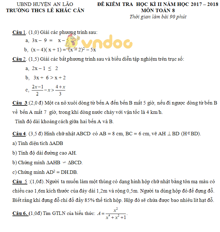 Đề kiểm tra học kì 2 lớp 8 môn Toán trường THCS Lê Khắc Cẩn, An Lão năm học 2017 - 2018
