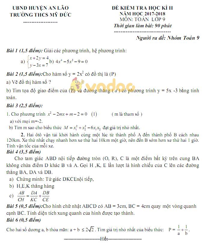 Bộ đề thi học kì 2 lớp 9 môn Toán năm học 2017 - 2018