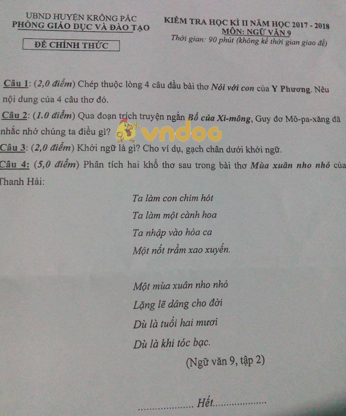 Đề kiểm tra học kì 2 lớp 9 môn Ngữ văn Phòng GD&ĐT huyện Krông Pắc năm học 2017 - 2018
