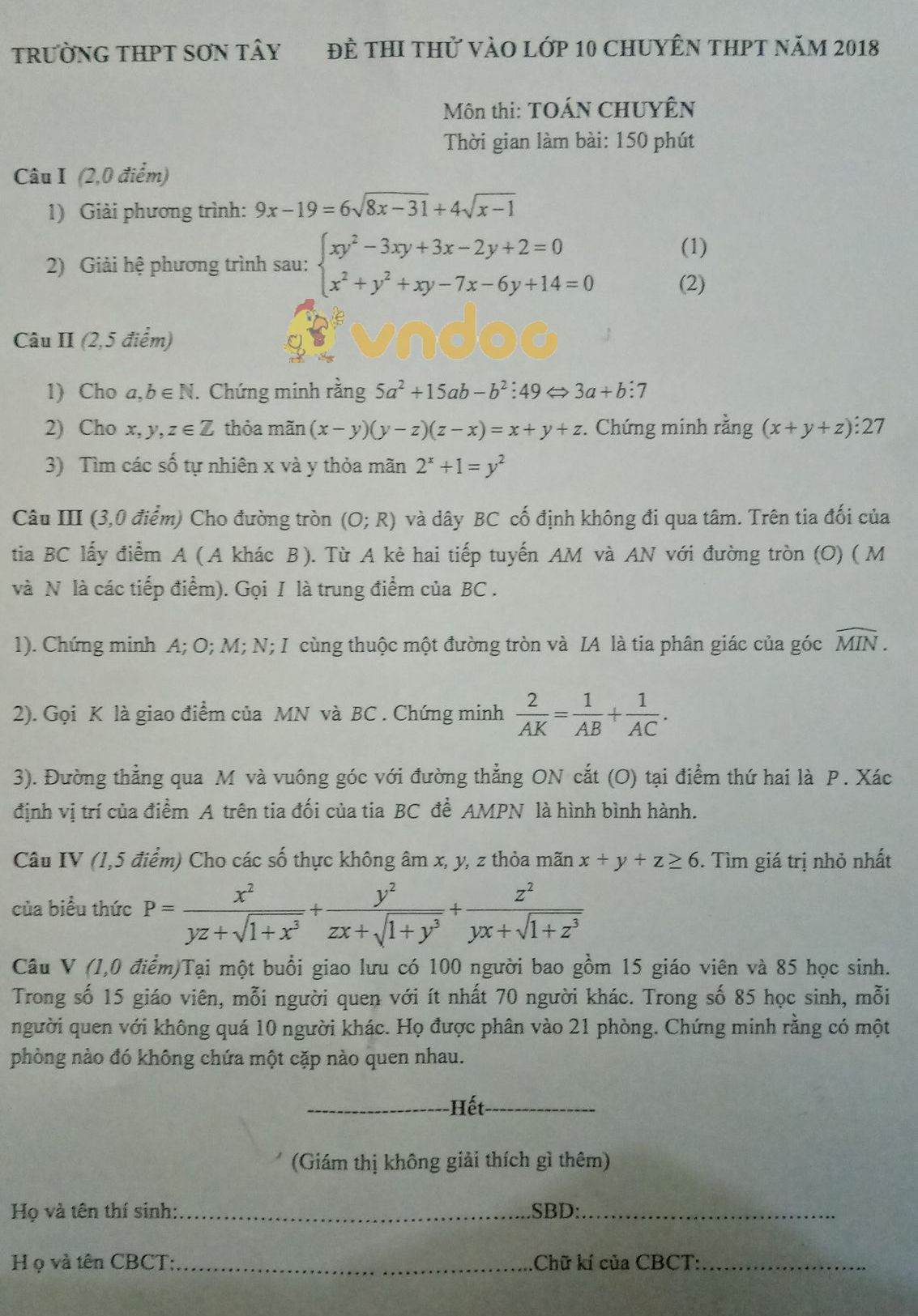 Đề thi thử vào lớp 10 môn Toán trường THPT Sơn Tây năm học 2018 - 2019
