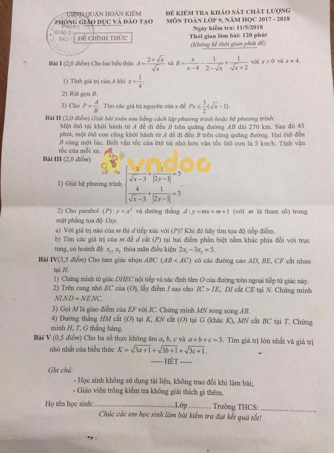 Đề kiểm tra KSCL lớp 9 môn Toán Phòng GD&ĐT Quận Hoàn Kiếm năm học 2017 - 2018