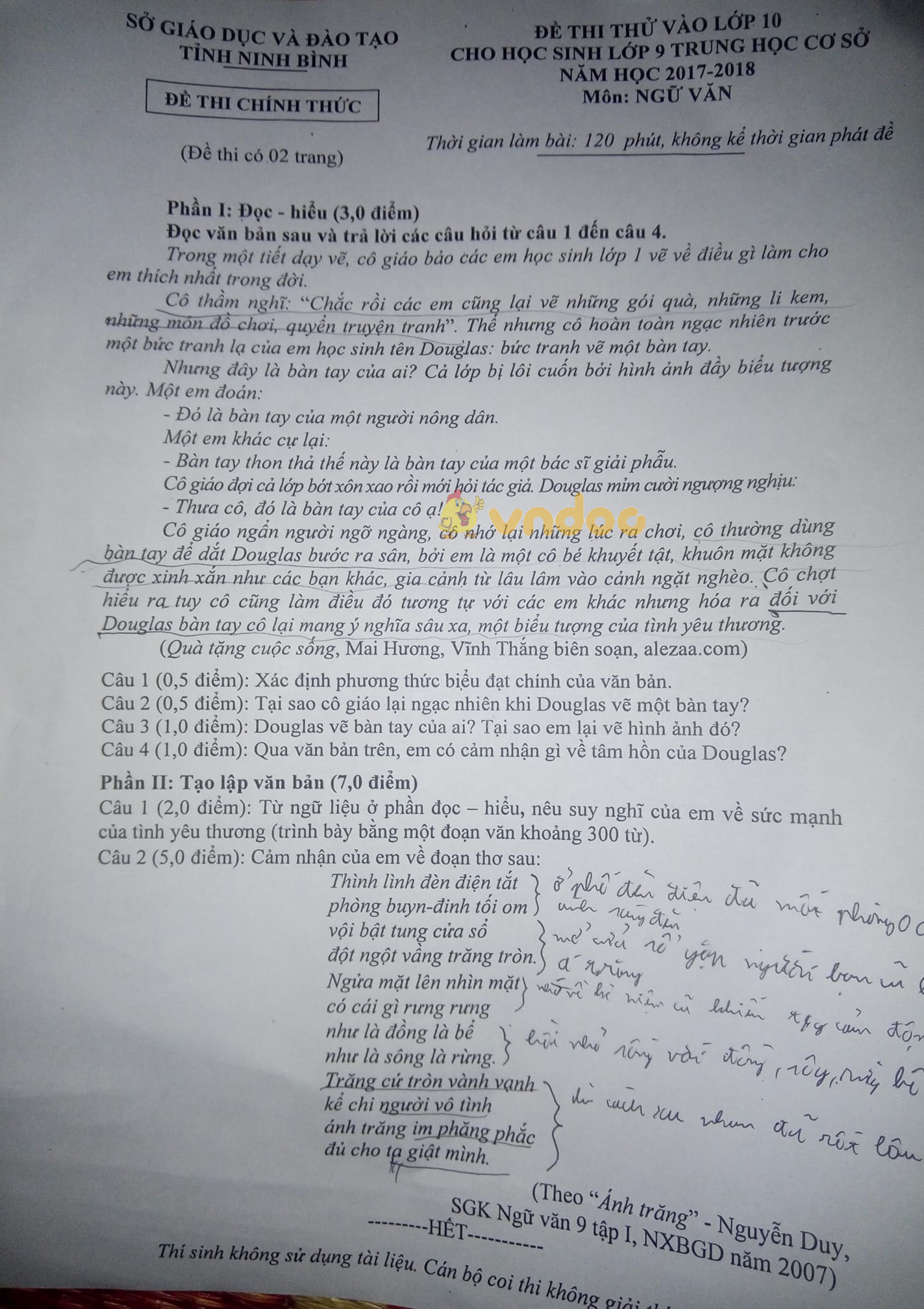 Đề thi thử vào lớp 10 môn Ngữ văn Sở GD&ĐT tỉnh Ninh Bình năm học 2017 - 2018