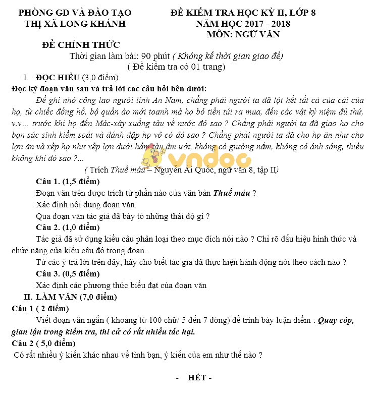 Đề kiểm tra học kì 2 lớp 8 môn Ngữ văn Phòng GD&ĐT thị xã Long Khánh năm học 2017 - 2018
