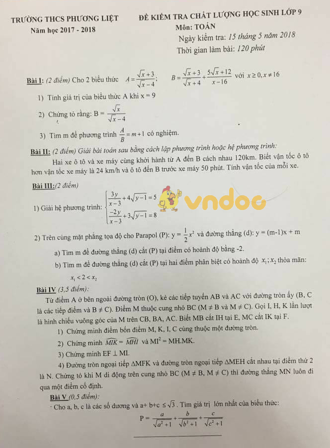 Đề kiểm tra chất lượng lớp 9 môn Toán trường THCS Phương Liệt năm học 2017 - 2018