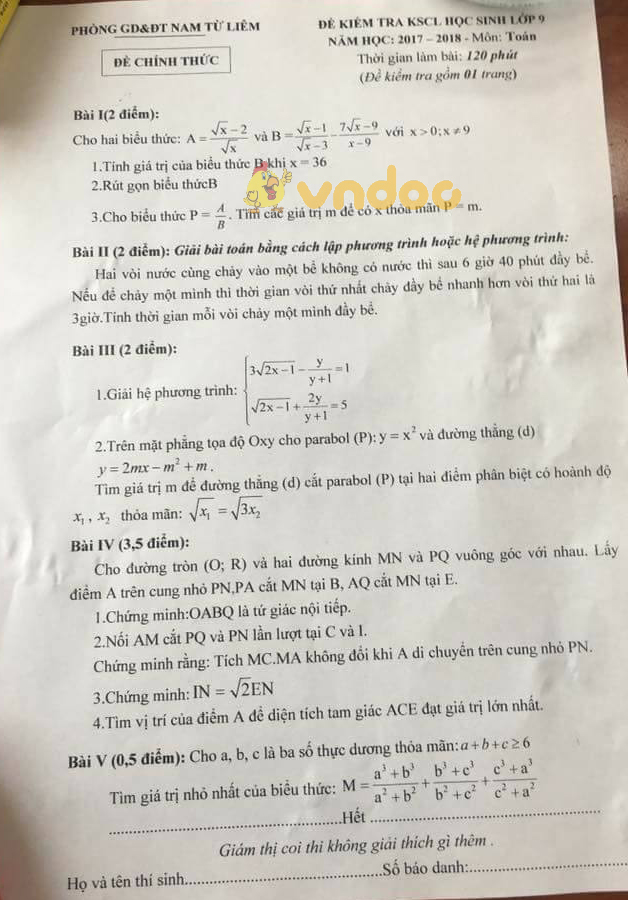 Đề kiểm tra KSCL lớp 9 môn Toán Phòng GD&ĐT Nam Từ Liêm năm học 2017 - 2018