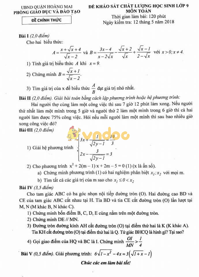 Đề KSCL lớp 9 môn Toán Phòng GD&ĐT Quận Hoàng Mai năm học 2017 - 2018