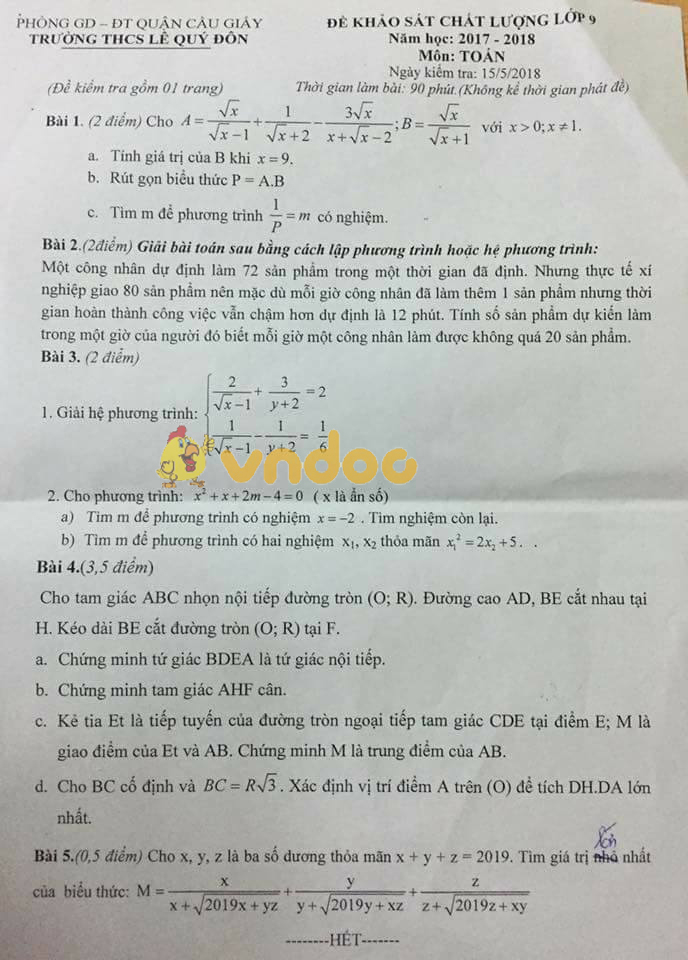 Đề KSCL lớp 9 môn Toán trường THCS Giảng Lê Quý Đôn, Cầu Giấy năm học 2017 - 2018