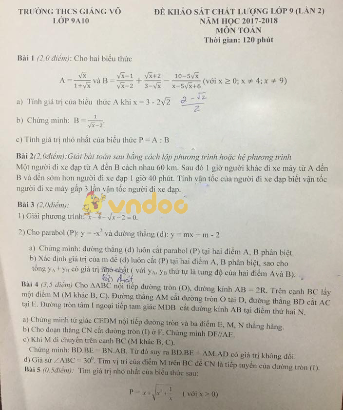 Đề KSCL lớp 9 môn Toán trường THCS Giảng Võ năm học 2017 - 2018 (lần 2)