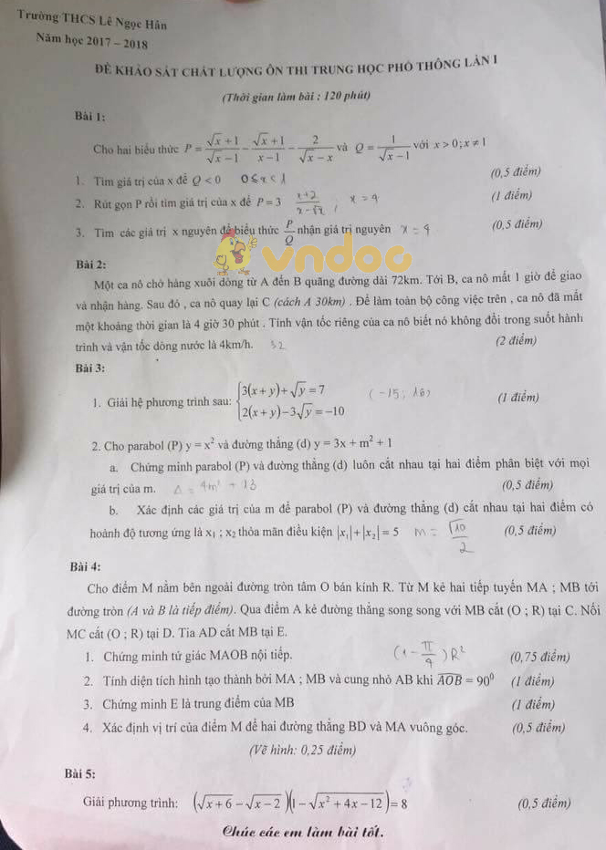 Đề KSCL ôn thi vào lớp 10 môn Toán trường THCS Lê Ngọc Hân năm học 2017 - 2018 (lần 1)