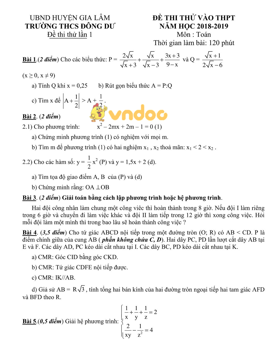 Đề thi thử vào lớp 10 môn Toán trường THCS Đông Dư, Gia Lâm năm học 2018 - 2019