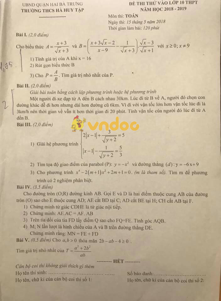 Đề thi thử vào lớp 10 môn Toán trường THCS Hà Huy Tập, Hai Bà Trưng năm học 2018 - 2019