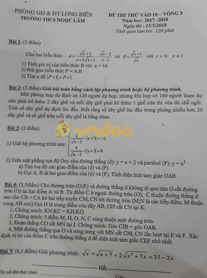 Đề thi thử vào lớp 10 môn Toán trường THCS Ngọc Lâm, Long Biên năm học 2017 - 2018 (vòng 3)