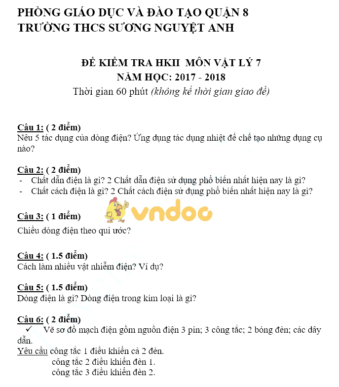 Đề kiểm tra học kì 2 lớp 7 môn Vật lý trường THCS Sương Nguyệt Anh, Quận 8 năm học 2017 - 2018