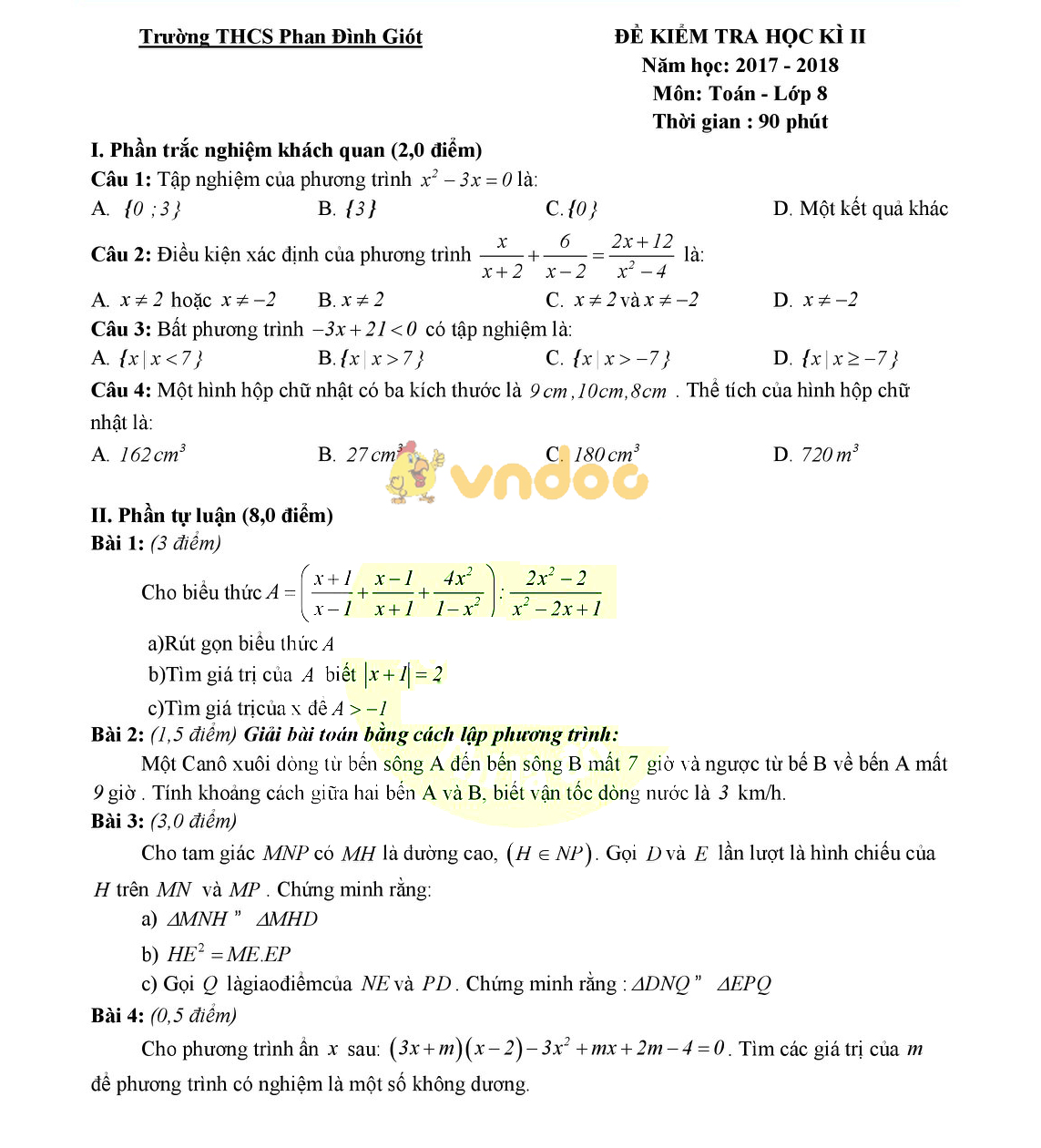 Đề kiểm tra học kì 2 lớp 8 môn Toán trường THCS Phan Đình Giót năm học 2017 - 2018